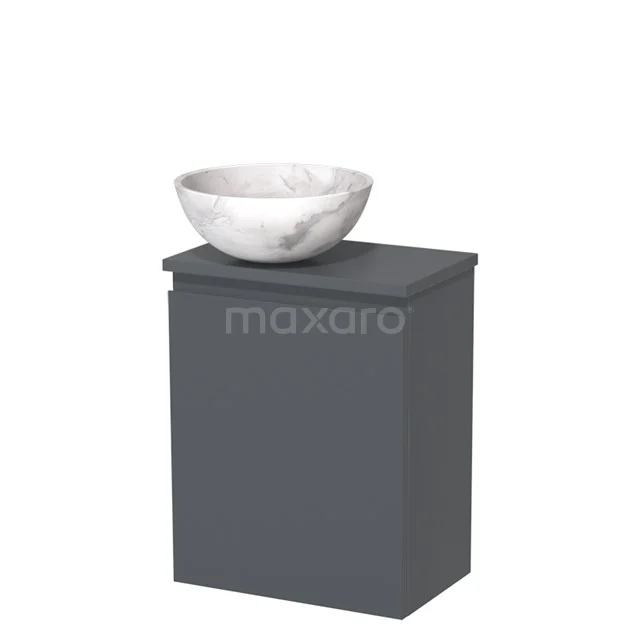 Donkergrijze badkamermeubel met witte marmeren waskom, compact en modern design, perfect voor kleine badkamers.