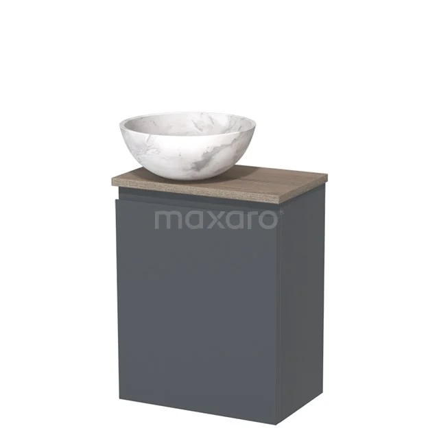 Grijze badkamerkast met houten blad en een marmeren waskom, modern design, perfect voor stijlvolle badkamerinrichting.