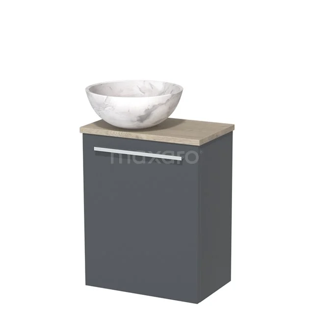 Grijs badkamermeubel met houten blad en marmeren waskom; compact design, ideaal voor een moderne badkamer.