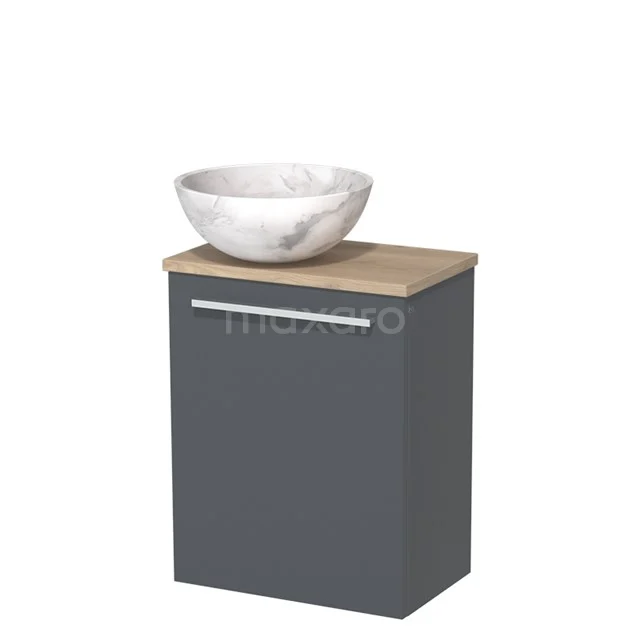 Grijze badkamerkast met houten blad en marmeren waskom, modern design ideaal voor compacte badkamers.