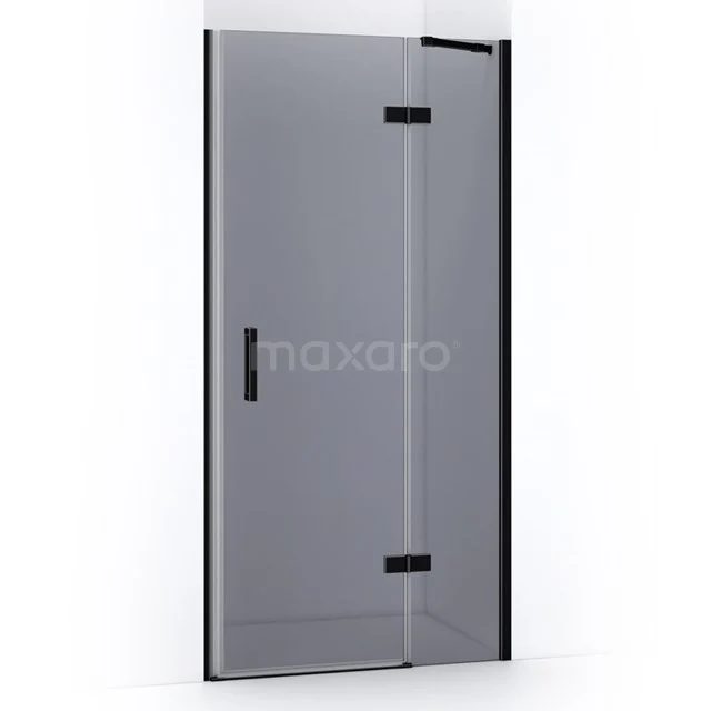 Glass shower door with black metal edges, minimalist design, ideal for a modern bathroom.
