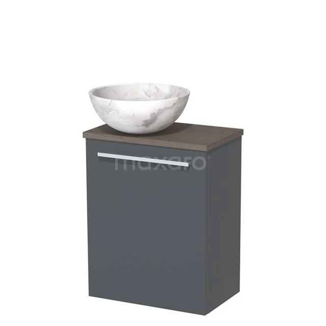 Grijze badkamerkast met houten bovenblad en marmeren waskom, stijlvol design voor moderne badkamers.