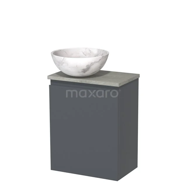 Donkergrijs badkamermeubel met natuurstenen wastafel, modern design, compact formaat, ideaal voor kleine badkamers.