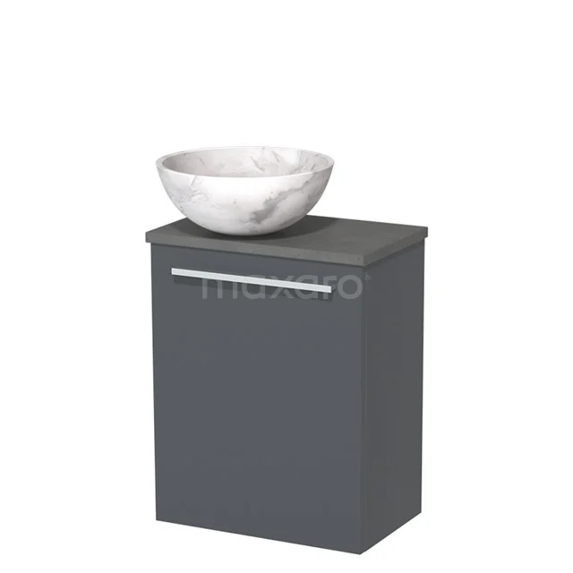 Donkergrijze badkamerkast met keramische waskom, modern design, ideaal voor compacte badkamers.