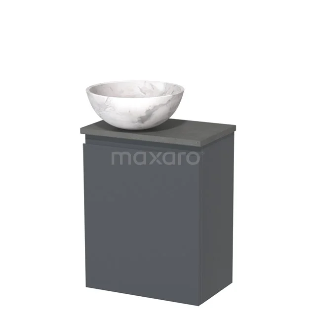 Donkergrijze badkamerkast met wit marmeren waskom, compact design van hoogwaardige materialen, perfect voor moderne badkamers.