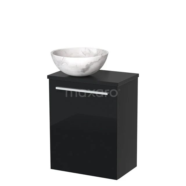 Black bathroom cabinet with marble basin, glossy finish and silver Handle for a stylish bathroom.