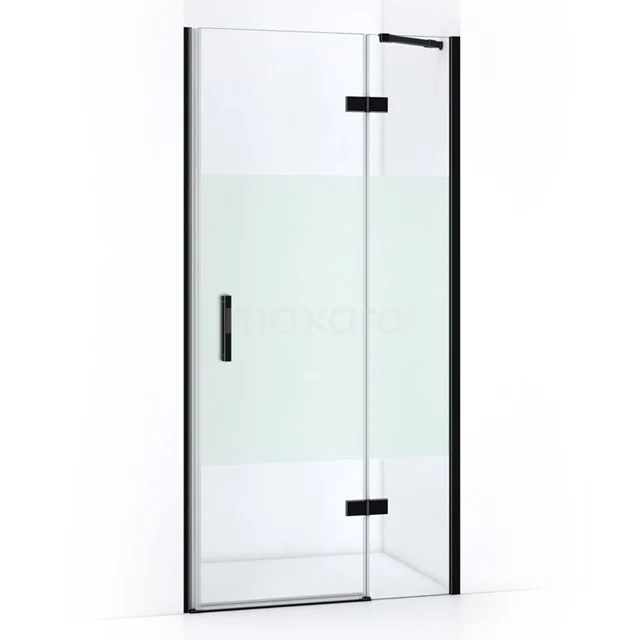 Pearl Shower door | 90 cm Matte black Clear with matt strip Pivot door WPC63123M Shower door with black frame, clear glass and frosted panel, modern design, perfect for a stylish bathroom conversion.