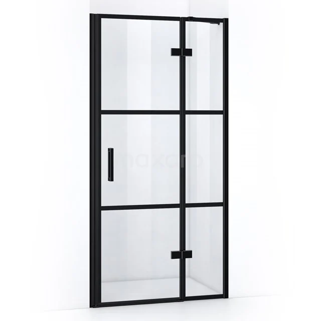 Schwarze Duschtür mit industriellem Design, Glasplatten und matt schwarzem Rahmen, ideal für ein modernes Badezimmer.