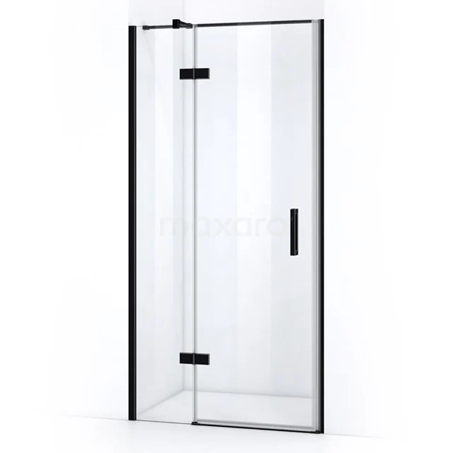 Black glass shower door with hinges, minimalist design, ideal for modern bathrooms.