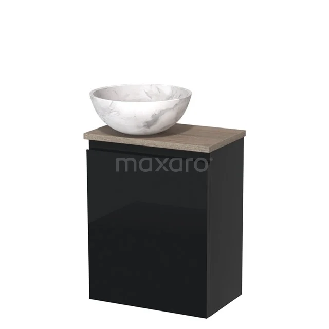 Toiletmeubel met waskom | 41 cm Hoogglans zwart Greeploos front Wit marmer Natuursteen waskom Eiken blad TMK10-09973