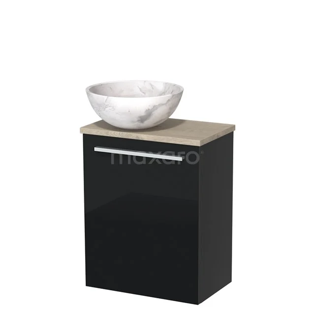 Toilet unit with countertop wash basin | 41 cm Flat front High-gloss black White marble Natural stone countertop wash basin Light grey oak worktop TMK10-09975 Black bathroom unit with wood-look worktop and white marble countertop wash basin, modern design for a stylish bathroom.