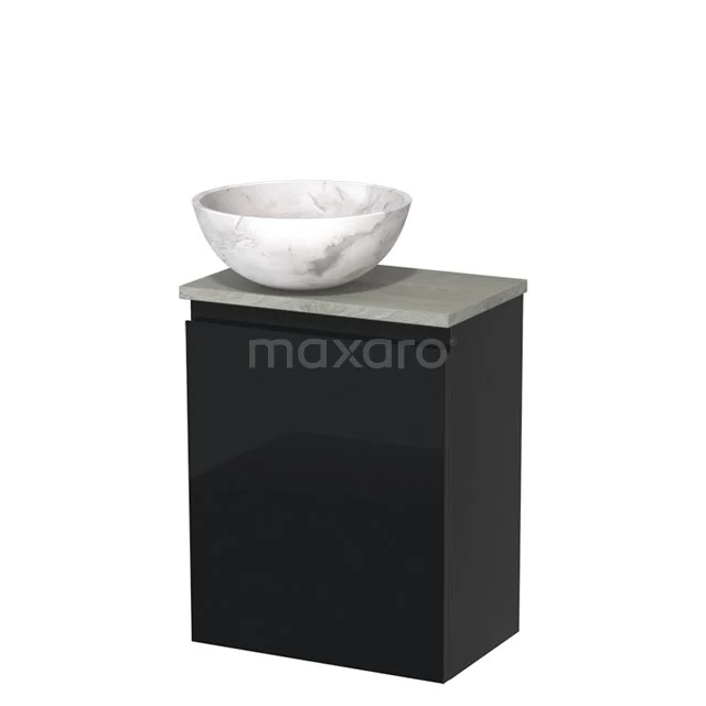 Toiletmeubel met waskom | 41 cm Hoogglans zwart Greeploos front Wit marmer Natuursteen waskom Grijs eiken blad TMK10-09988