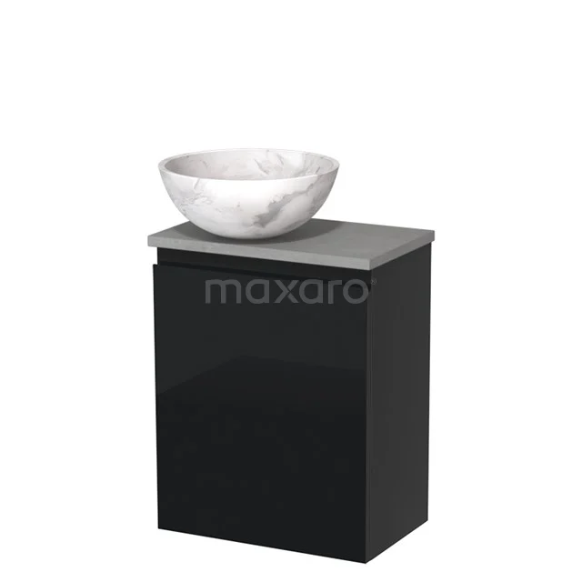Toilet unit with countertop wash basin | 41 cm High-gloss black Handleless front White marble Natural stone wash basin Light grey concrete worktop TMK10-09994 Black bathroom unit with grey marble top and white oval vanity units for countertop wash basin, modern design for stylish bathrooms.