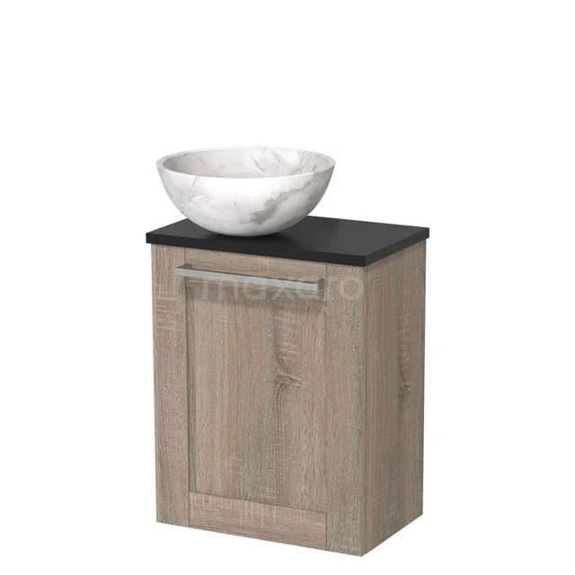 Toiletmeubel met waskom | 41 cm Eiken Kader front Wit marmer Natuursteen waskom Mat zwart blad TMK10-10000