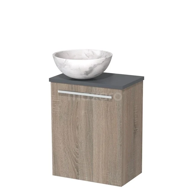 Houten badkamerkast met grijs blad en keramieken waskom, ideaal voor moderne badkamers.