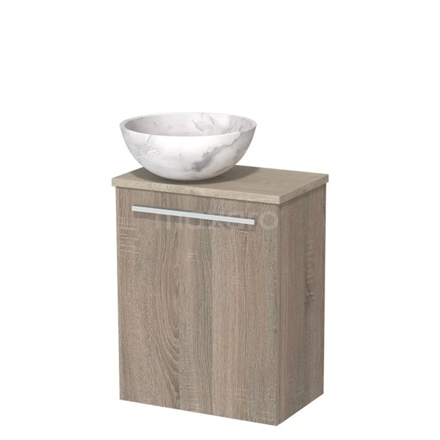 Houten badkamermeubel met marmeren waskom, modern design, ideaal voor stijlvolle badkamerinrichting.