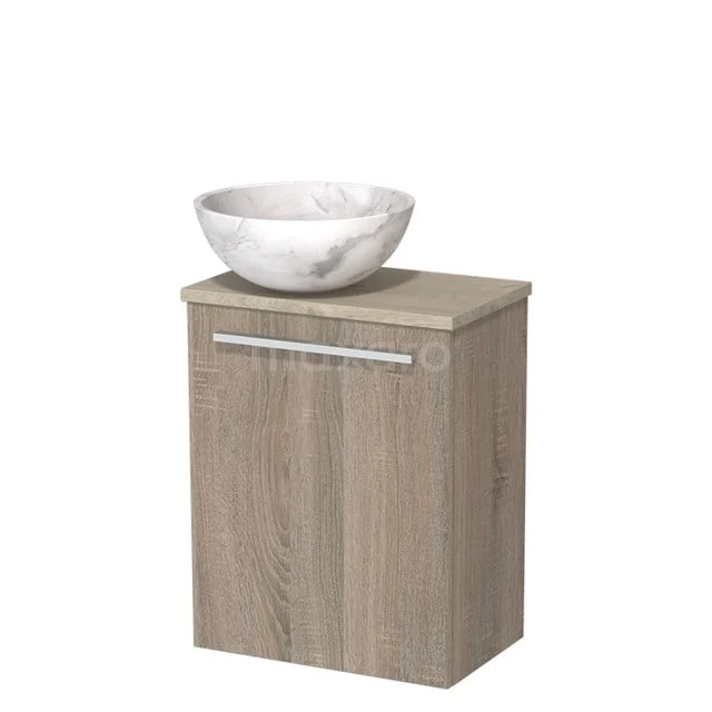 Toiletmeubel met waskom | 41 cm Eiken Vlak front Wit marmer Natuursteen waskom Lichtgrijs eiken blad TMK10-10017