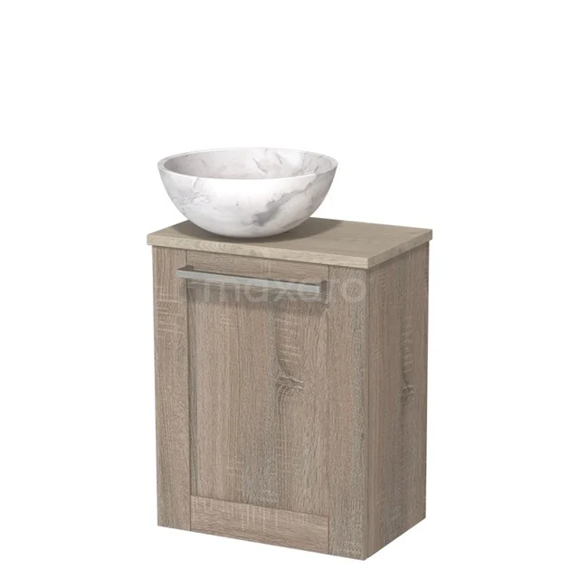 Holz Badschrank mit heller Eiche Optik, ausgestattet mit weißem Marmor Waschbecken, kompaktes und stilvolles Design.