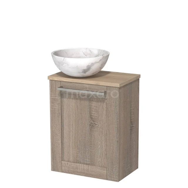 Houten badkamerkast met eikenlook en witte ronde wastafel, perfect voor een stijlvolle en compacte opbergoplossing.