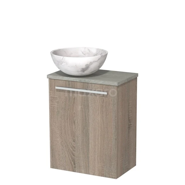 Houten badkamerkast met grijs blad en wit marmeren waskom, compact design ideaal voor moderne badkamers.
