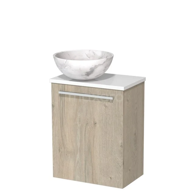 Toiletmeubel met waskom | 41 cm Lichtgrijs eiken Vlak front Wit marmer Natuursteen waskom Hoogglans wit blad TMK10-10039