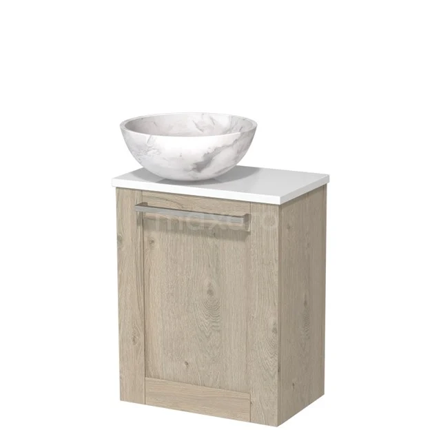 Houten badkamerkast met deur, witte marmeren wastafelkom bovenop, compact design, ideaal voor moderne badkamers.