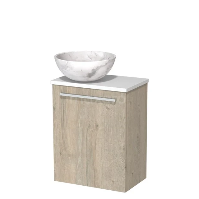 Houten badkamerkast met wit marmeren wastafel, compact design, perfect voor moderne badkamers.