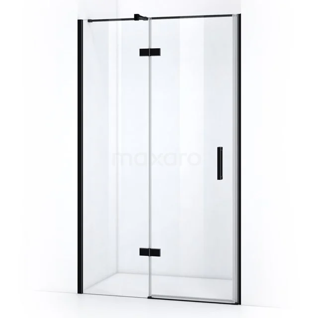 Shower door with black frame, glass panels and pivot door, ideal for a modern bathroom.
