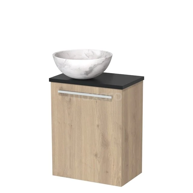 WC-Möbel mit Aufsatzwaschbecken | 41 cm Hellbraune Eiche Glatte Front Weißer Marmor Aufsatzwaschbecken aus Naturstein Matt Schwarz TMK10-10067 Hölzerner Badschrank mit marmoriertem Aufsatzwaschbecken, schwarzer Platte und modernem Haltegriff; perfekt für stilvolle Bäder.