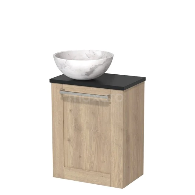 Toiletmeubel met waskom | 41 cm Lichtbruin eiken Kader front Wit marmer Natuursteen waskom Mat zwart blad TMK10-10068