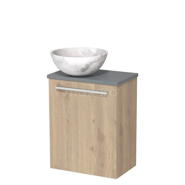 Toiletmeubel met waskom | 41 cm Lichtbruin eiken Vlak front Wit marmer Natuursteen waskom Middengrijs blad TMK10-10071