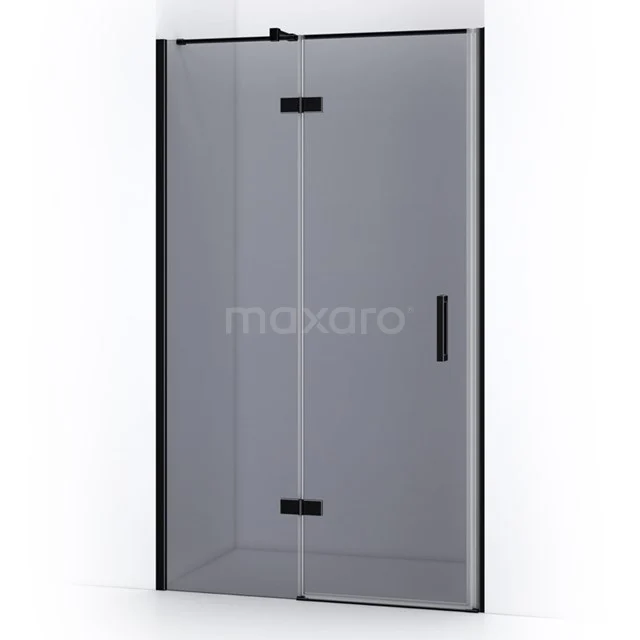 Black shower door with frosted glass, minimalist design, perfect addition to a modern bathroom.