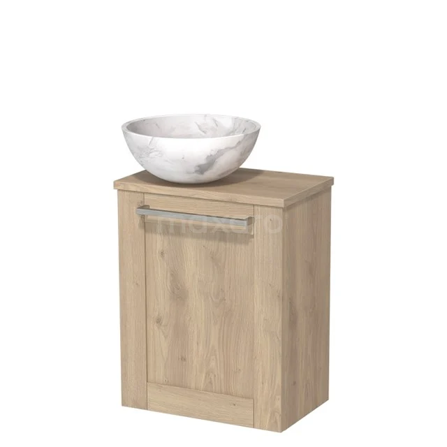 Toiletmeubel met waskom | 41 cm Lichtbruin eiken Kader front Wit marmer Natuursteen waskom Lichtbruin eiken blad TMK10-10108