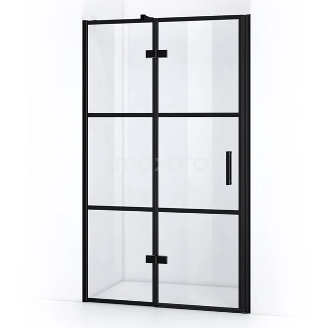 Pearl Shower door | 110 cm Matte black Clear with 4 black stripes Pivot door WPC56418M Shower door with black steel frame, modern industrial look, ideal for a stylish bathroom.