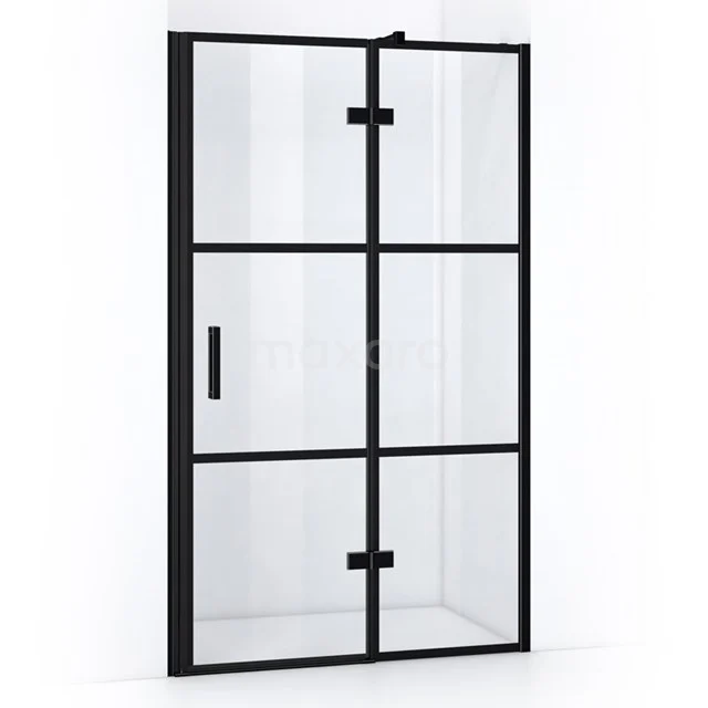 Matte black shower door with industrial style, frosted glass and metal frame; stylish addition to modern bathrooms.