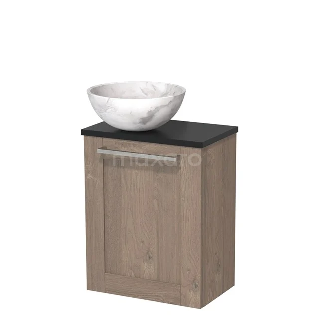 Houten badkamerkast met grijs mat blad en witte marmeren waskom, ideaal voor moderne en compacte badkameropstellingen.