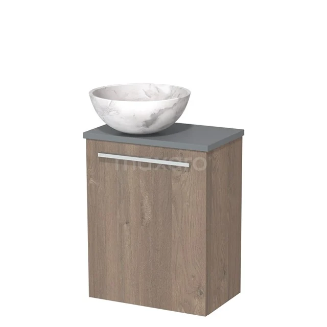 Toiletmeubel met waskom | 41 cm Middenbruin eiken Vlak front Wit marmer Natuursteen waskom Middengrijs blad TMK10-10139