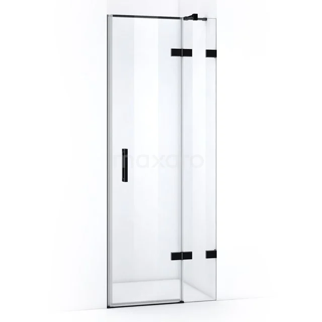Modern glass shower door with black hinges and handle, ideal for stylish bathroom design.
