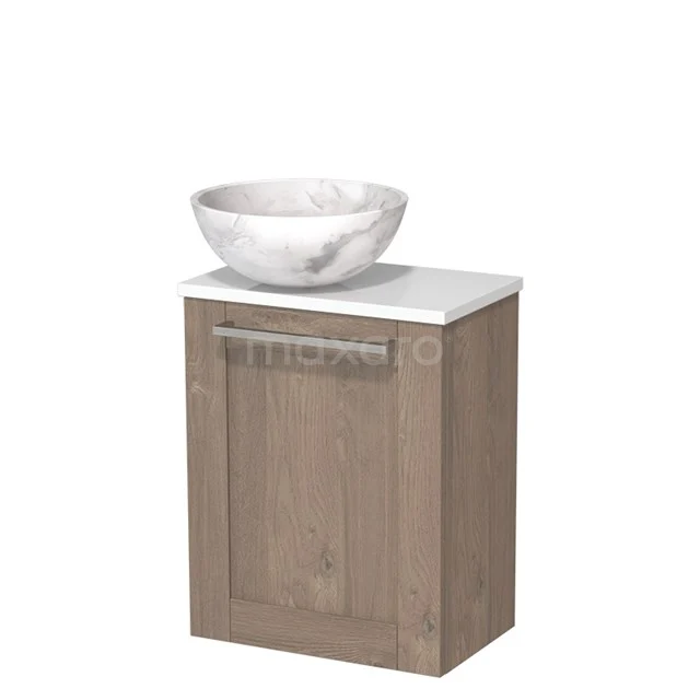 Houten badkamerkast met marmeren waskom, compact formaat, ideaal voor moderne badkamers.