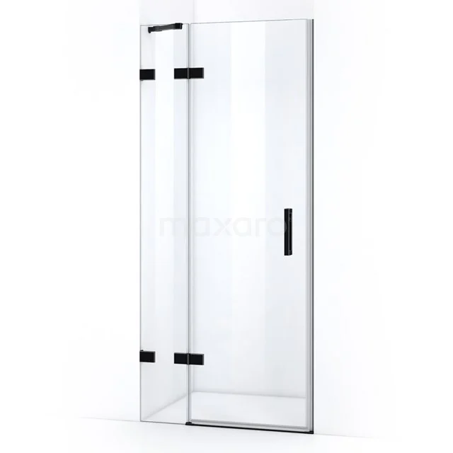 Glas Duschtür mit schwarzen Scharnieren und Haltegriff, klar Glas, ideal für moderne Bäder.