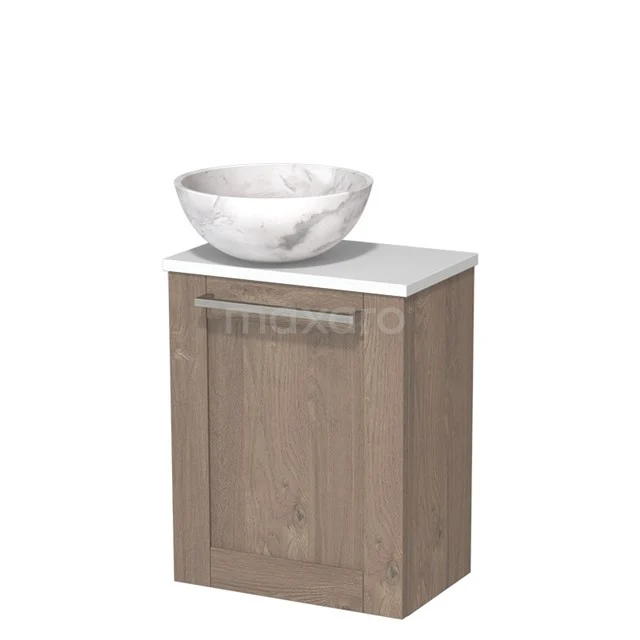 Houten badkamerkast met marmeren waskom, compact design, ideaal voor opbergruimte in kleine badkamers.
