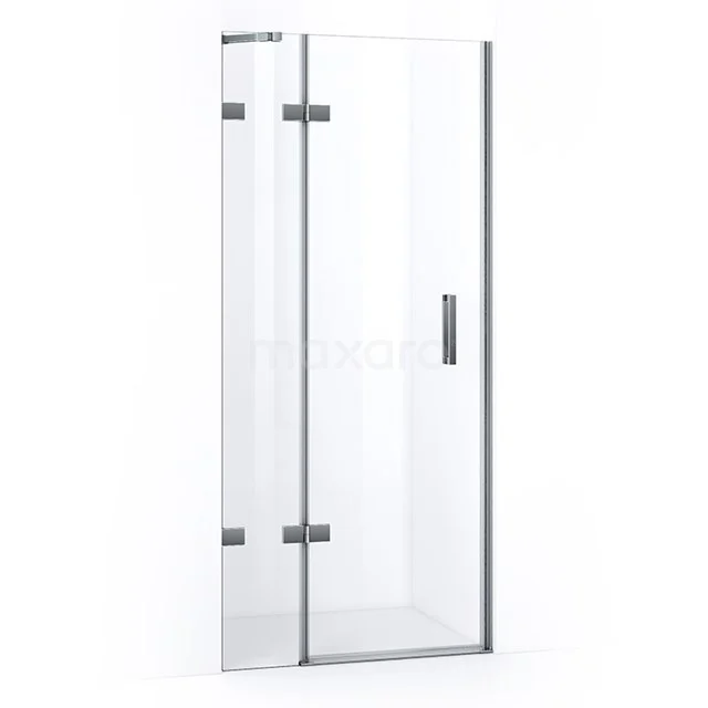 Glass shower screen with hinged door, clear safety glass, matte black profiles, modern design for sleek bathrooms.