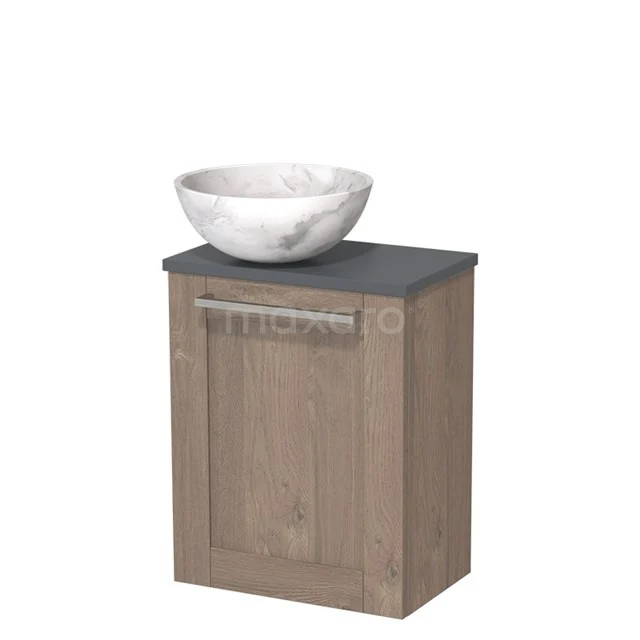 Wooden bathroom cabinet with marble-look basin, compact style, grey worktop and modern design for small bathrooms.
