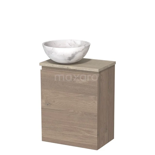 WC-Möbel mit Aufsatzwaschbecken | 41 cm Mittelbraune Eiche Grifflose Front Weißer Marmor Naturstein Aufsatzwaschbecken Hellgraue Eiche Platte TMK10-10173 Holz-Badschrank mit weißem Marmor-Aufsatzwaschbecken, kompaktes Design ideal für moderne Badezimmergestaltung.