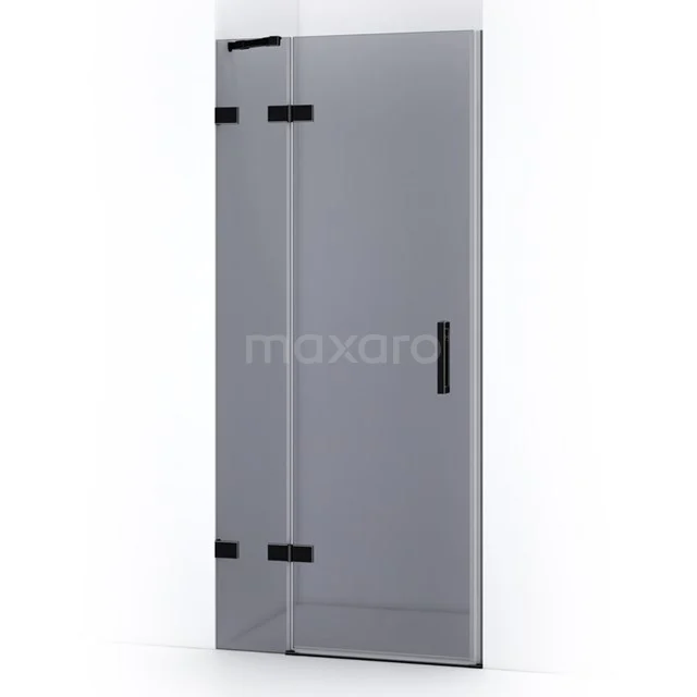 Frosted glass shower door with black hinges and handle, modern design for a stylish bathroom.