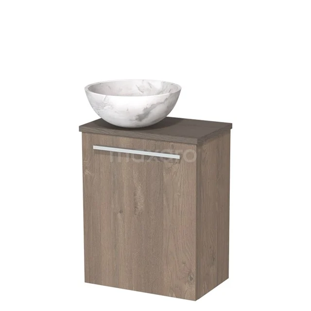 Houten badkamermeubel met een marmeren waskom, moderne stijl, ideaal voor een strakke en natuurlijke badkamerruimte.