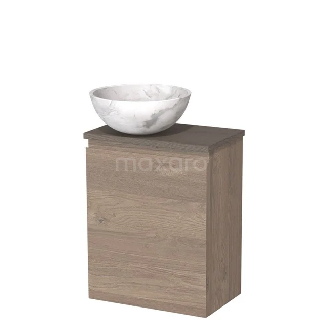 Houten badkamermeubel met natuurstenen waskom, compact design, ideaal voor een moderne badkamer inrichting.