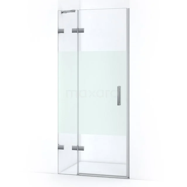 Frosted glass shower door with chrome hinges and handle, stylish design for modern bathrooms.