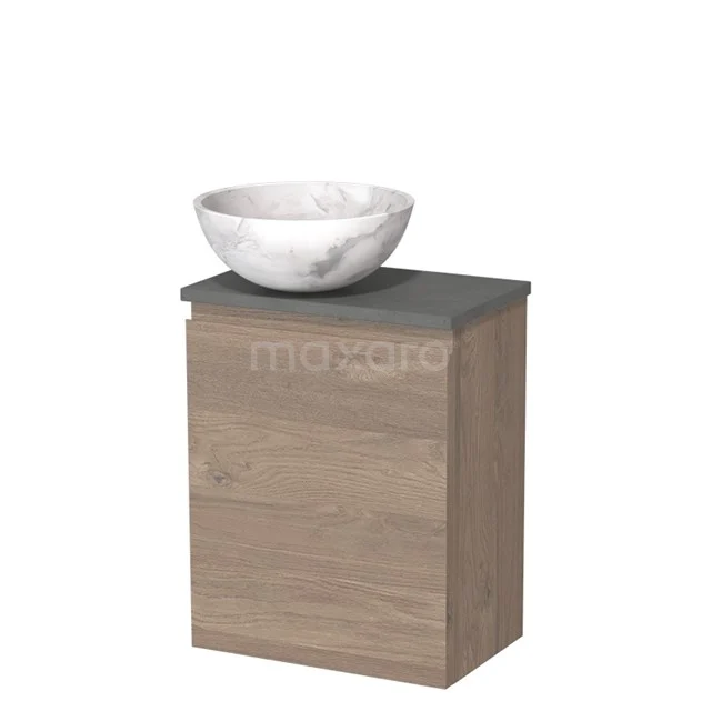 Toiletmeubel met waskom | 41 cm Middenbruin eiken Greeploos front Wit marmer Natuursteen waskom Donkergrijs beton blad TMK10-10201