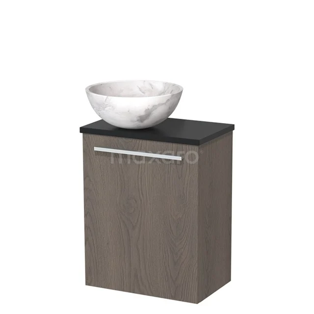 Toiletmeubel met waskom | 41 cm Donkerbruin eiken Vlak front Wit marmer Natuursteen waskom Mat zwart blad TMK10-10203